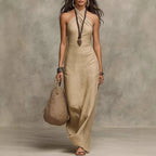 Women Linen Dress Halter Neck Sleeveless Maxi Slim Fit