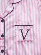 Satin Pajamas Women Short Sleeve 2 Piece Set Striped Embroidered