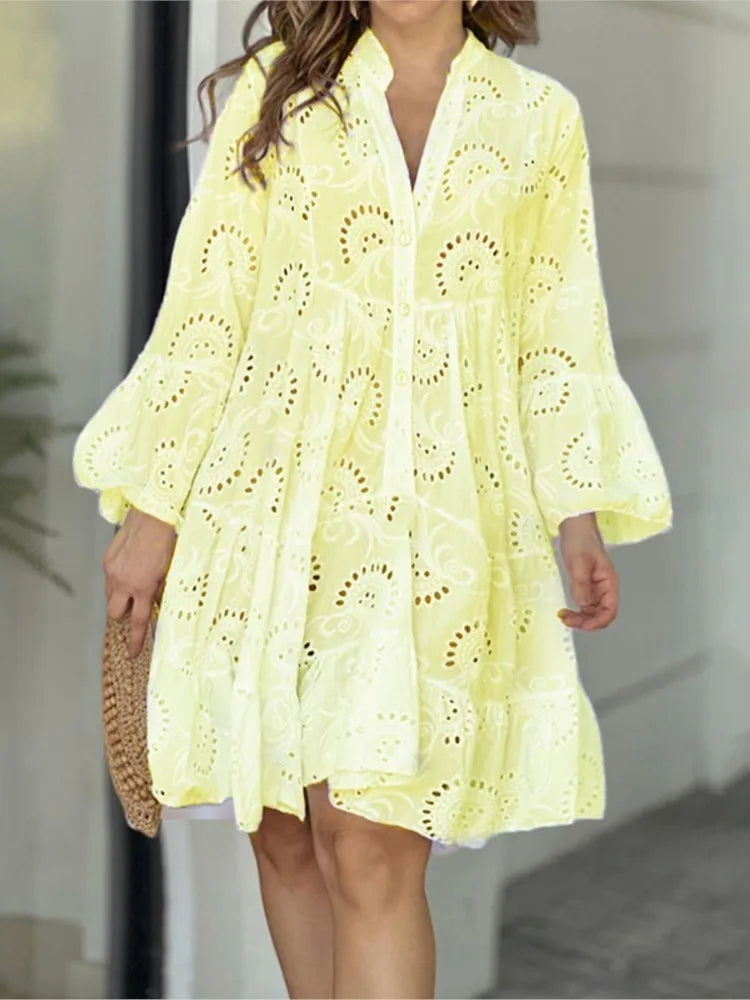 Women Lace Dress Boho Wide Sleeve Button Front | Mila