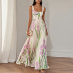 Birdie | Maxi Dress | Floral Square Neck, Pleated Wedding Guest | Multi