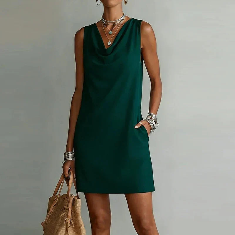Amara | Women's Mini Dress | Cowl Neck, Sleeveless, A-Line | Side Pockets