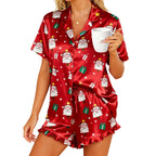 Christmas Pajamas Women 2 Piece Set Santa Print Short Sleeve