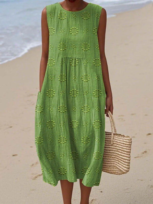 Floral Dress Women Midi Sleeveless Round Neck Relaxed Fit Print