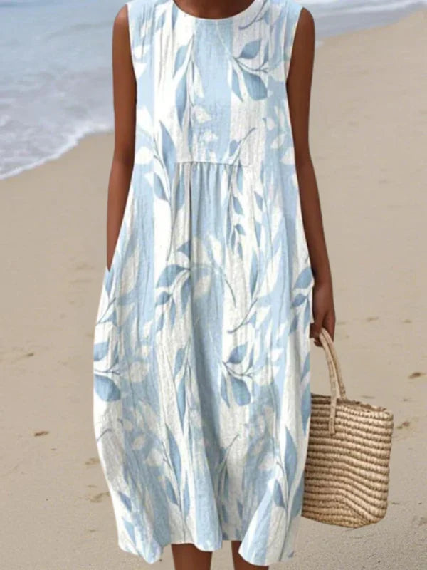 Floral Dress Women Midi Sleeveless Round Neck Relaxed Fit Print