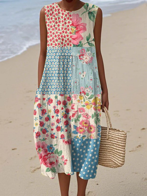 Floral Dress Women Midi Sleeveless Round Neck Relaxed Fit Print