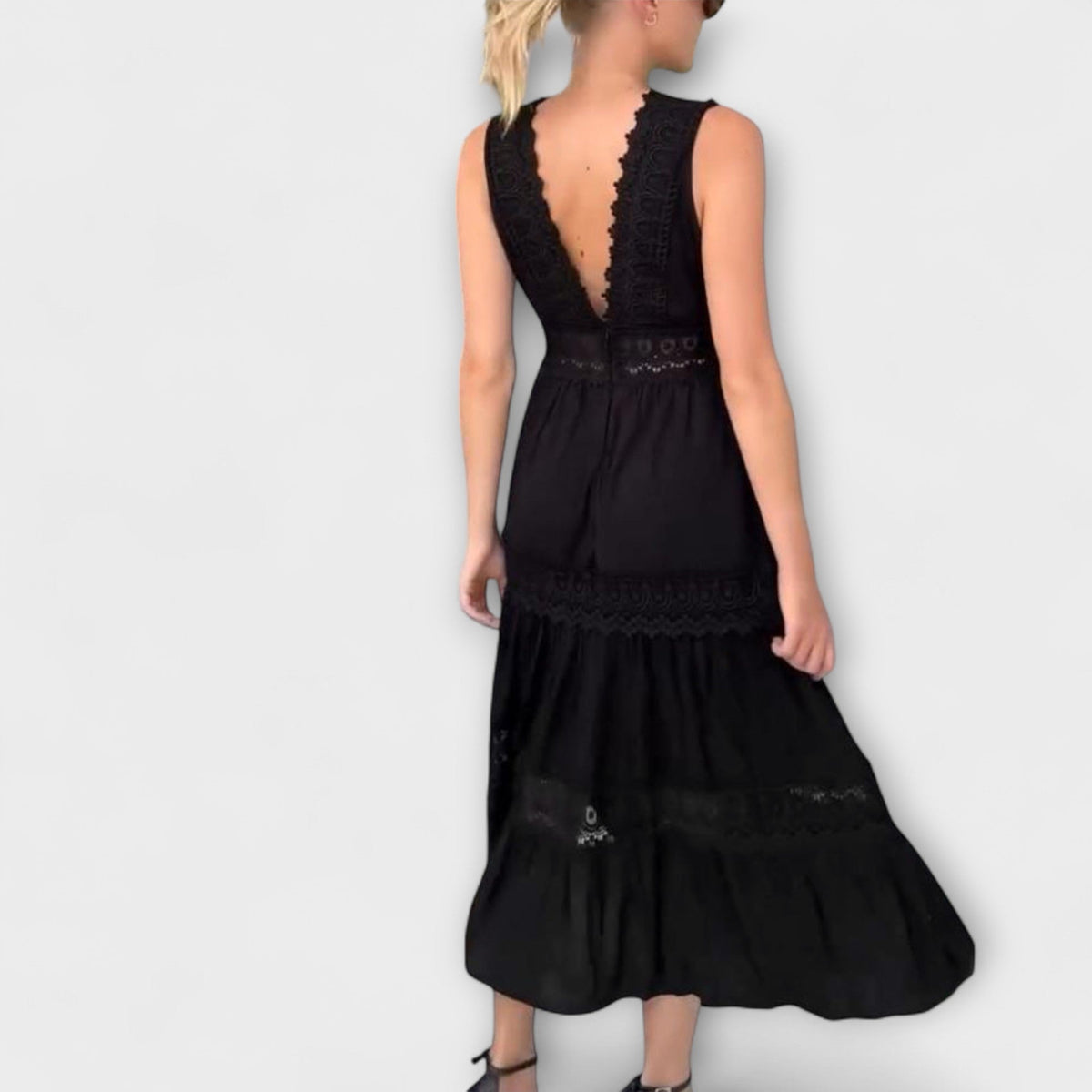 Women Lace Dress V-Neck Sleeveless Midi A-Line | Zinnia