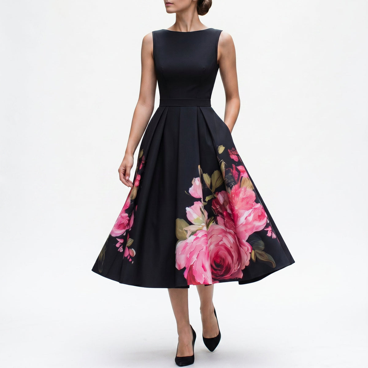 Lux | Midi Cocktail Dress | Black, Floral Print Skirt, Sleeveless | A-Line