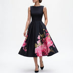 Cocktail Party Dress Women Black Midi Sleeveless Bateau Neckline