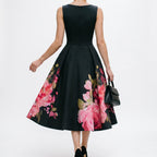 Cocktail Party Dress Women Black Midi Sleeveless Bateau Neckline