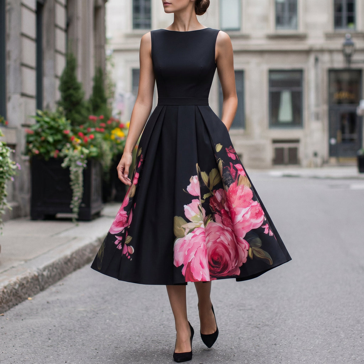 Lux | Midi Cocktail Dress | Black, Floral Print Skirt, Sleeveless | A-Line