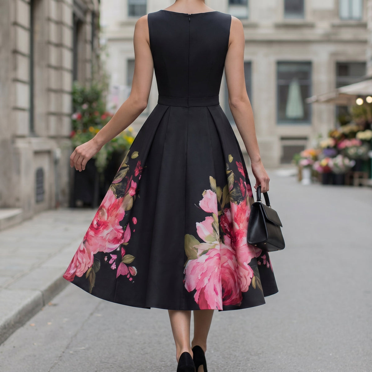 Lux | Midi Cocktail Dress | Black, Floral Print Skirt, Sleeveless | A-Line