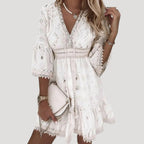 Boho Dress Women Embroidered Lace Mini V Neck Bell Sleeve Flounce Hem