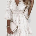 Boho Dress Women Embroidered Lace Mini V Neck Bell Sleeve Flounce Hem