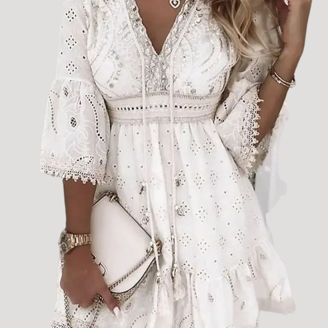 Boho Dress Women Embroidered Lace Mini V Neck Bell Sleeve Flounce Hem