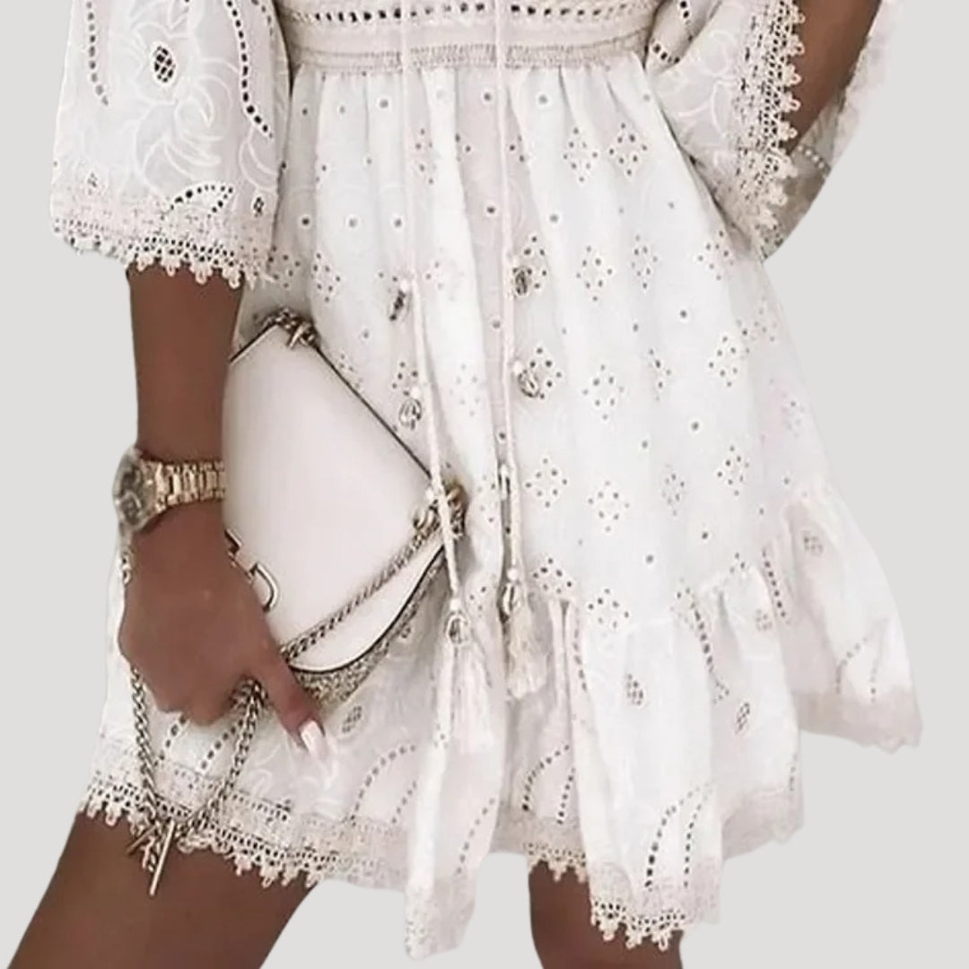 Boho Dress Women Embroidered Lace Mini V Neck Bell Sleeve Flounce Hem