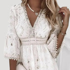 Boho Dress Women Embroidered Lace Mini V Neck Bell Sleeve Flounce Hem