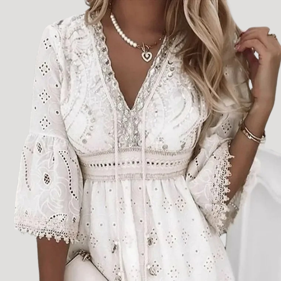 Boho Dress Women Embroidered Lace Mini V Neck Bell Sleeve Flounce Hem