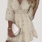 Boho Dress Women Embroidered Lace Mini V Neck Bell Sleeve Flounce Hem