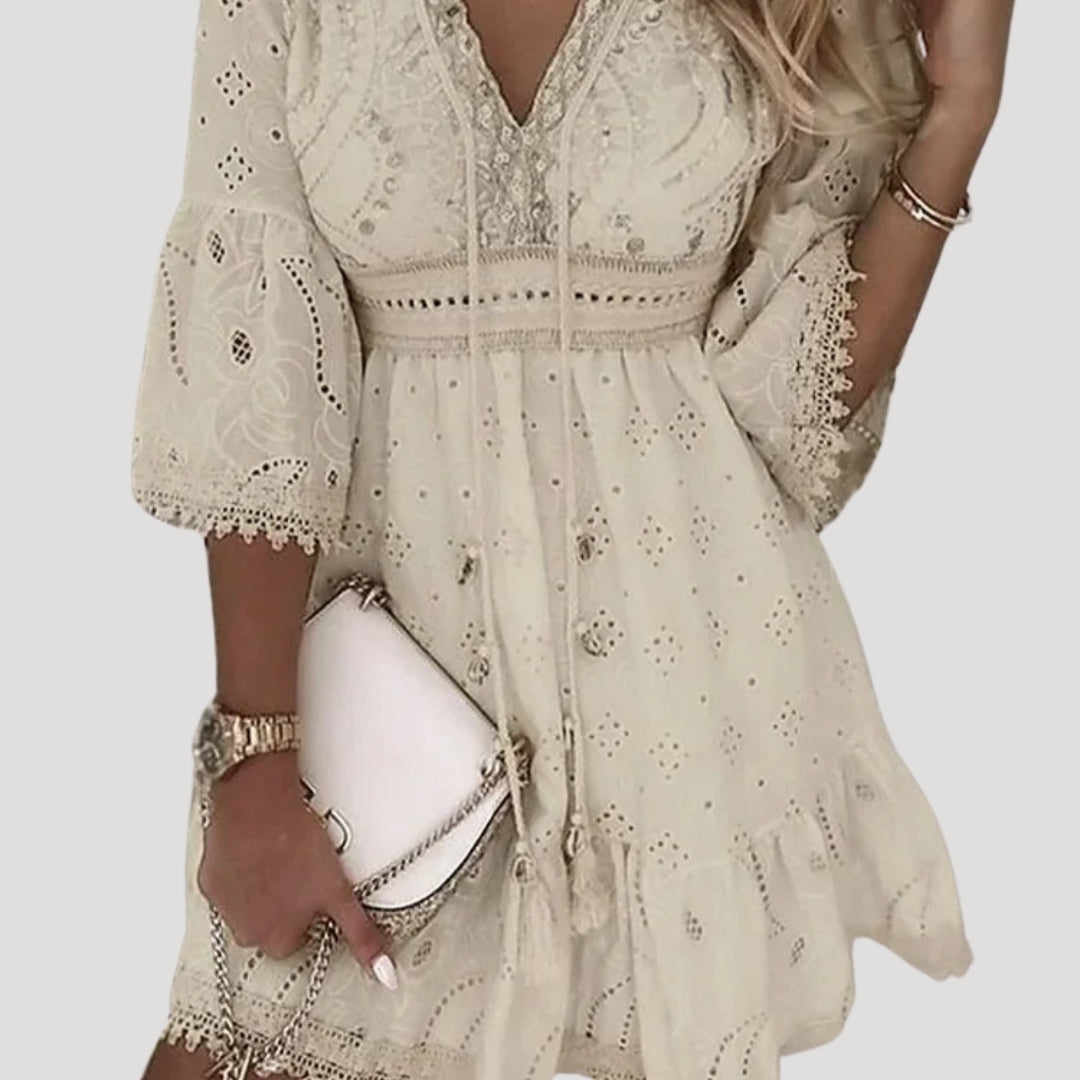 Boho Dress Women Embroidered Lace Mini V Neck Bell Sleeve Flounce Hem
