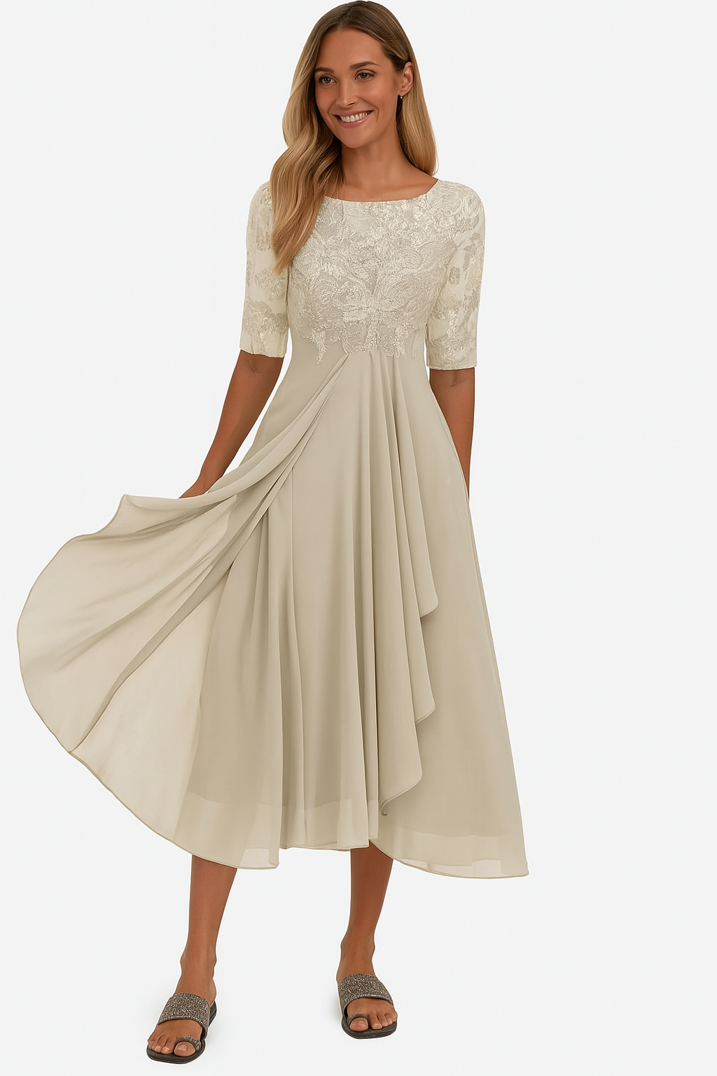 Midi Dress Women A Line Lace Detail Flowing Skirt Knee Length