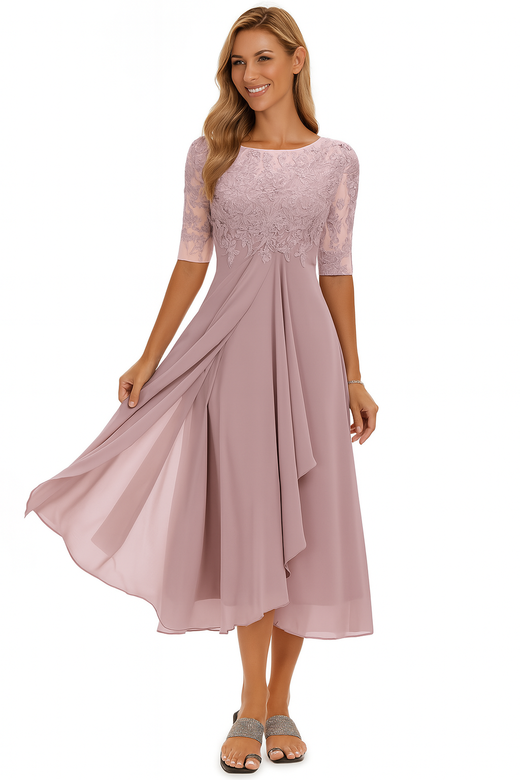 Midi Dress Women A Line Lace Detail Flowing Skirt Knee Length