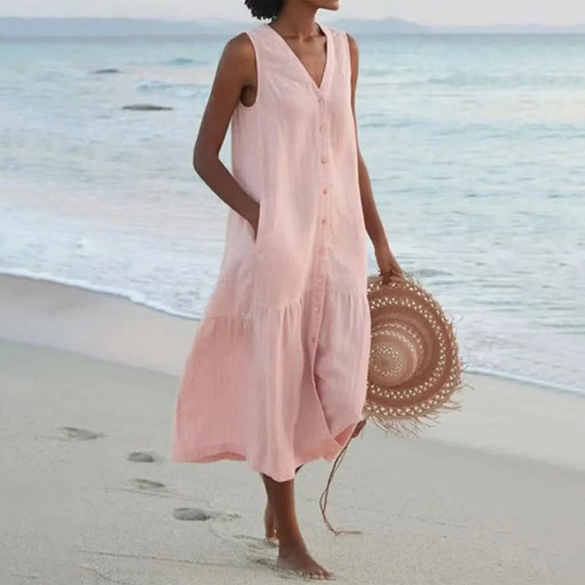 Midi Dress Women V Neck Button Front Lightweight Flowy Relaxed Fit