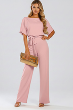 Nina | Women's Jumpsuit | Wide Leg, Belt, Short Sleeve | Full Length