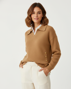 Women Soft Knit V-Neck Sweater Gold Button Detail