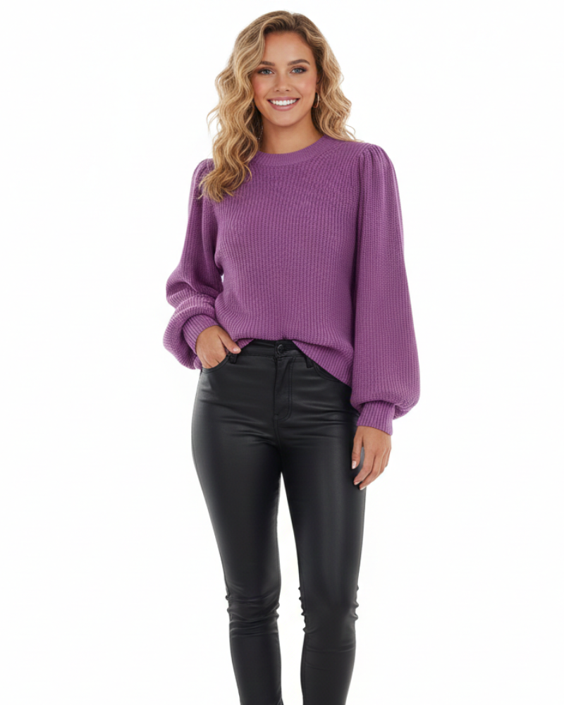 Galia | Women's Ribbed Knit Sweater | Puff Sleeves, Round Neck | Fall Winter