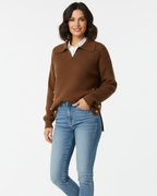 Women Soft Knit V-Neck Sweater Gold Button Detail