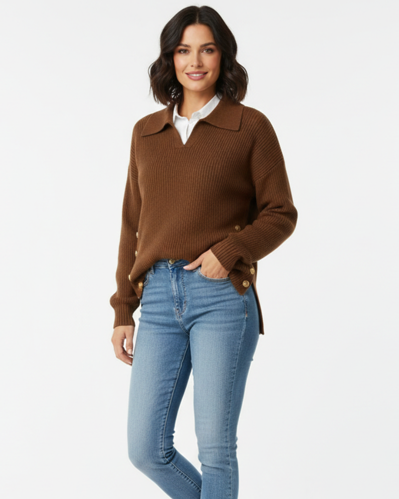 Women Soft Knit V-Neck Sweater Gold Button Detail