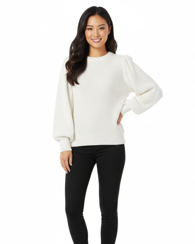 Galia | Women's Ribbed Knit Sweater | Puff Sleeves, Round Neck | Fall Winter
