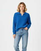 Women Soft Knit V-Neck Sweater Gold Button Detail