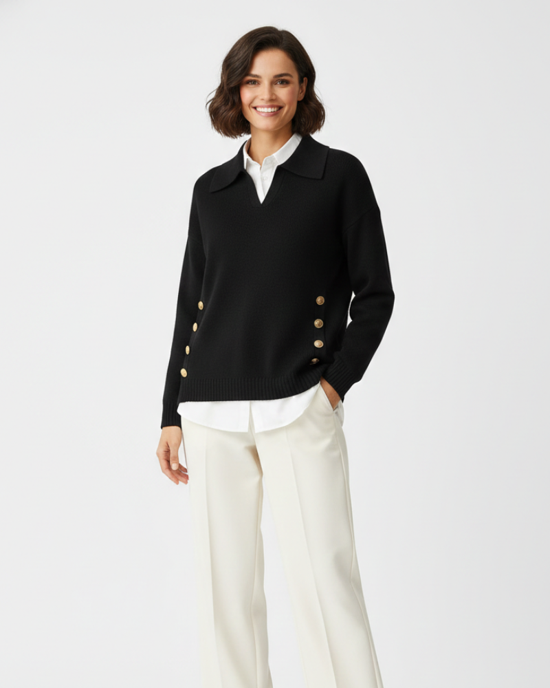 Women Soft Knit V-Neck Sweater Gold Button Detail