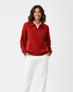 Women Soft Knit V-Neck Sweater Gold Button Detail