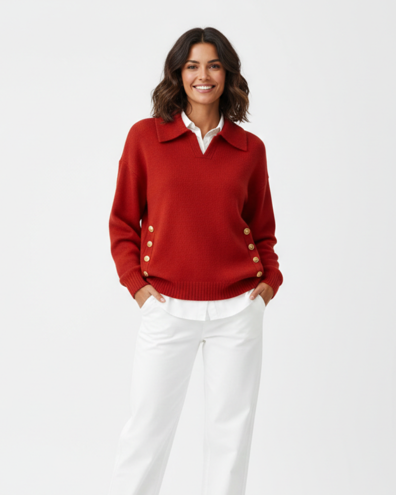 Women Soft Knit V-Neck Sweater Gold Button Detail