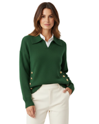 Women Soft Knit V-Neck Sweater Gold Button Detail