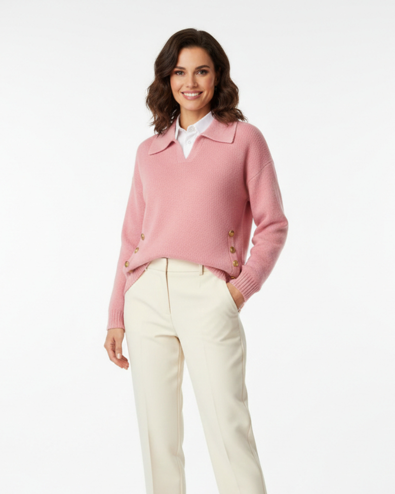 Women Soft Knit V-Neck Sweater Gold Button Detail