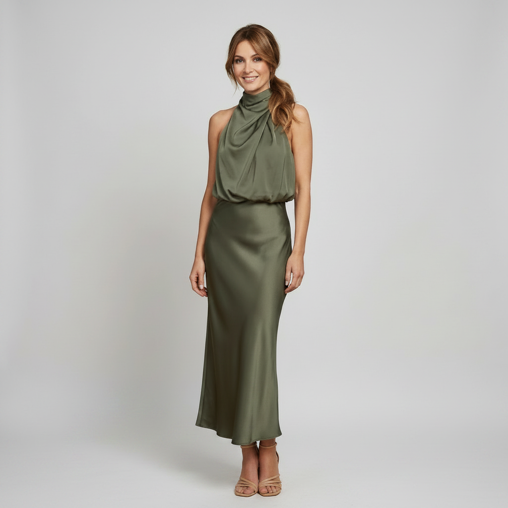 Midi Dress Women Sleeveless Draped High Neck | Romilly