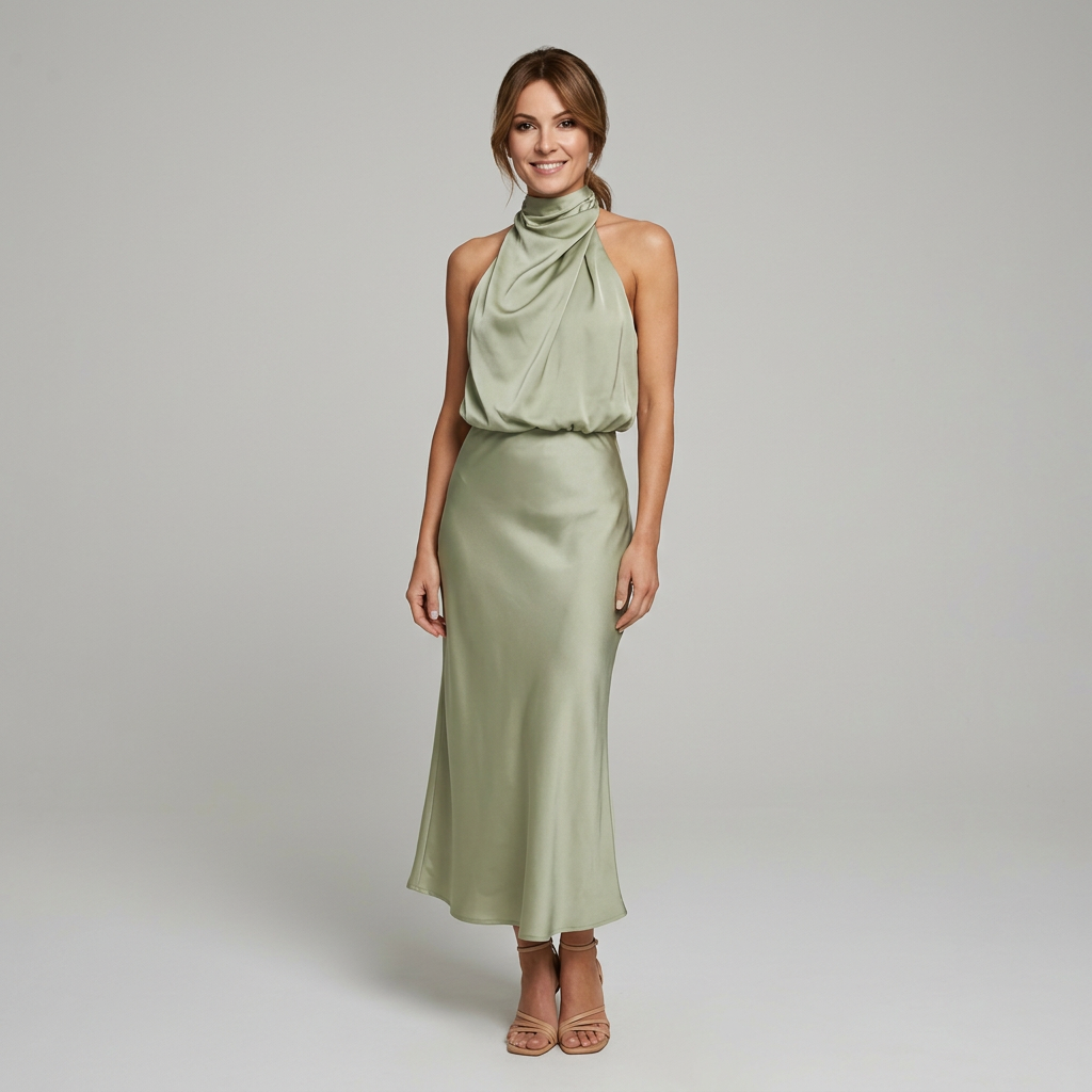 Midi Dress Women Sleeveless Draped High Neck | Romilly