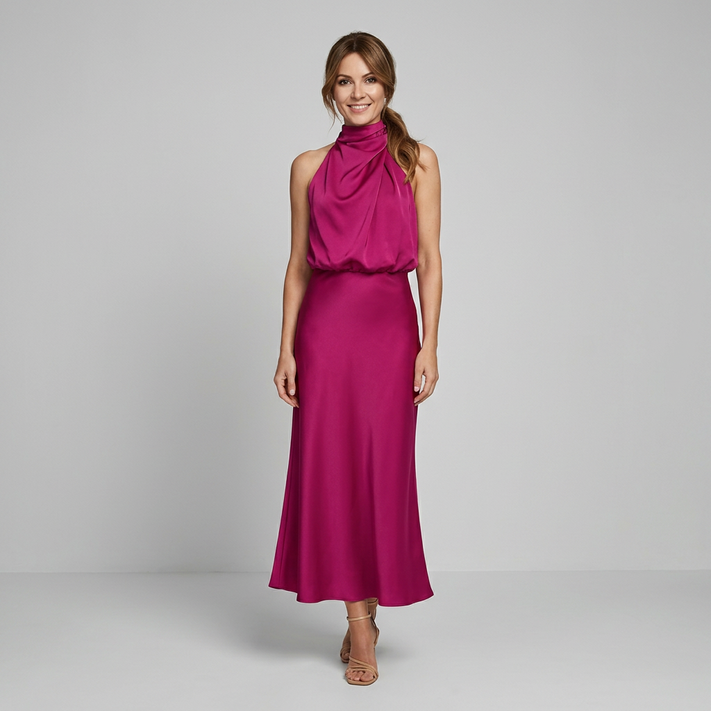 Midi Dress Women Sleeveless Draped High Neck | Romilly