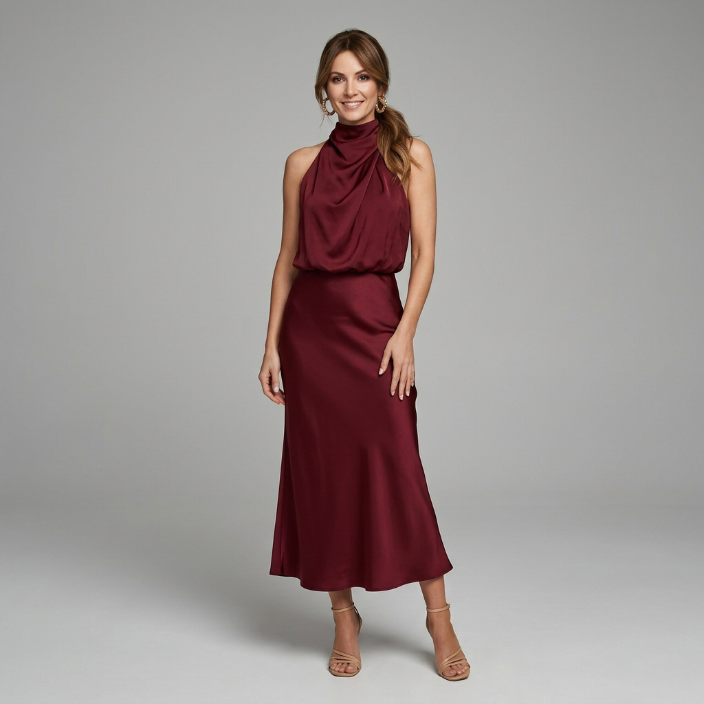 Midi Dress Women Sleeveless Draped High Neck | Romilly