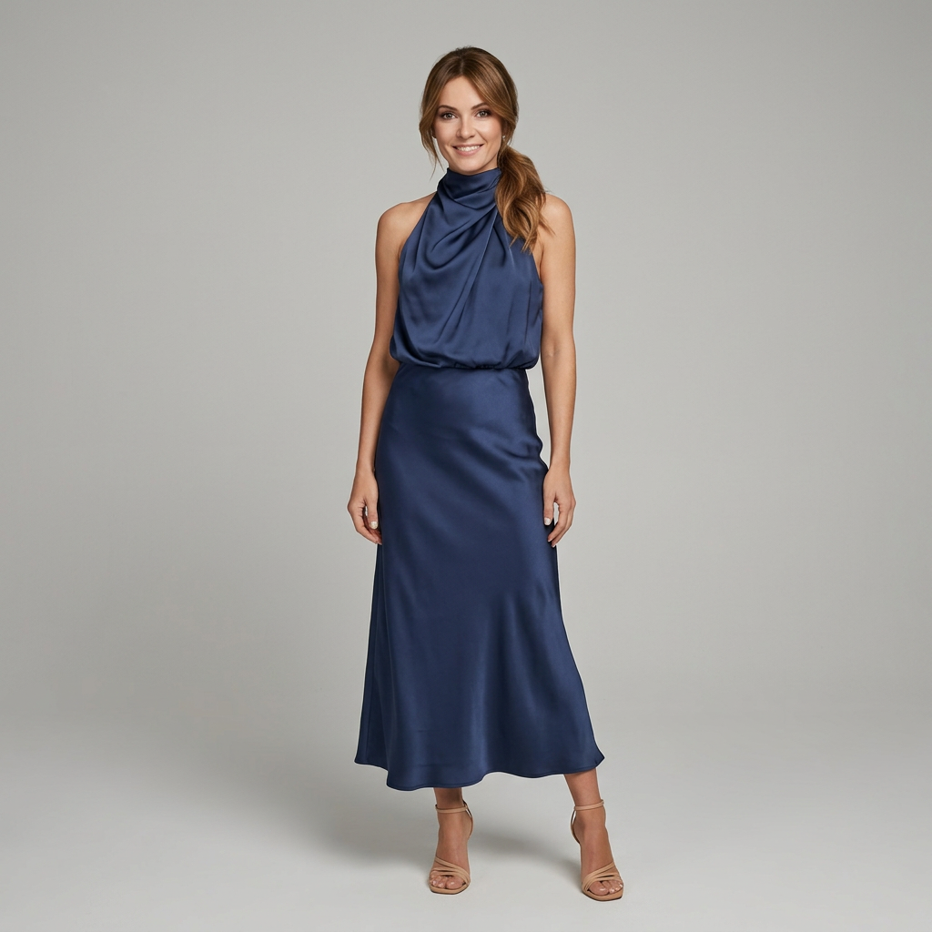 Midi Dress Women Sleeveless Draped High Neck | Romilly