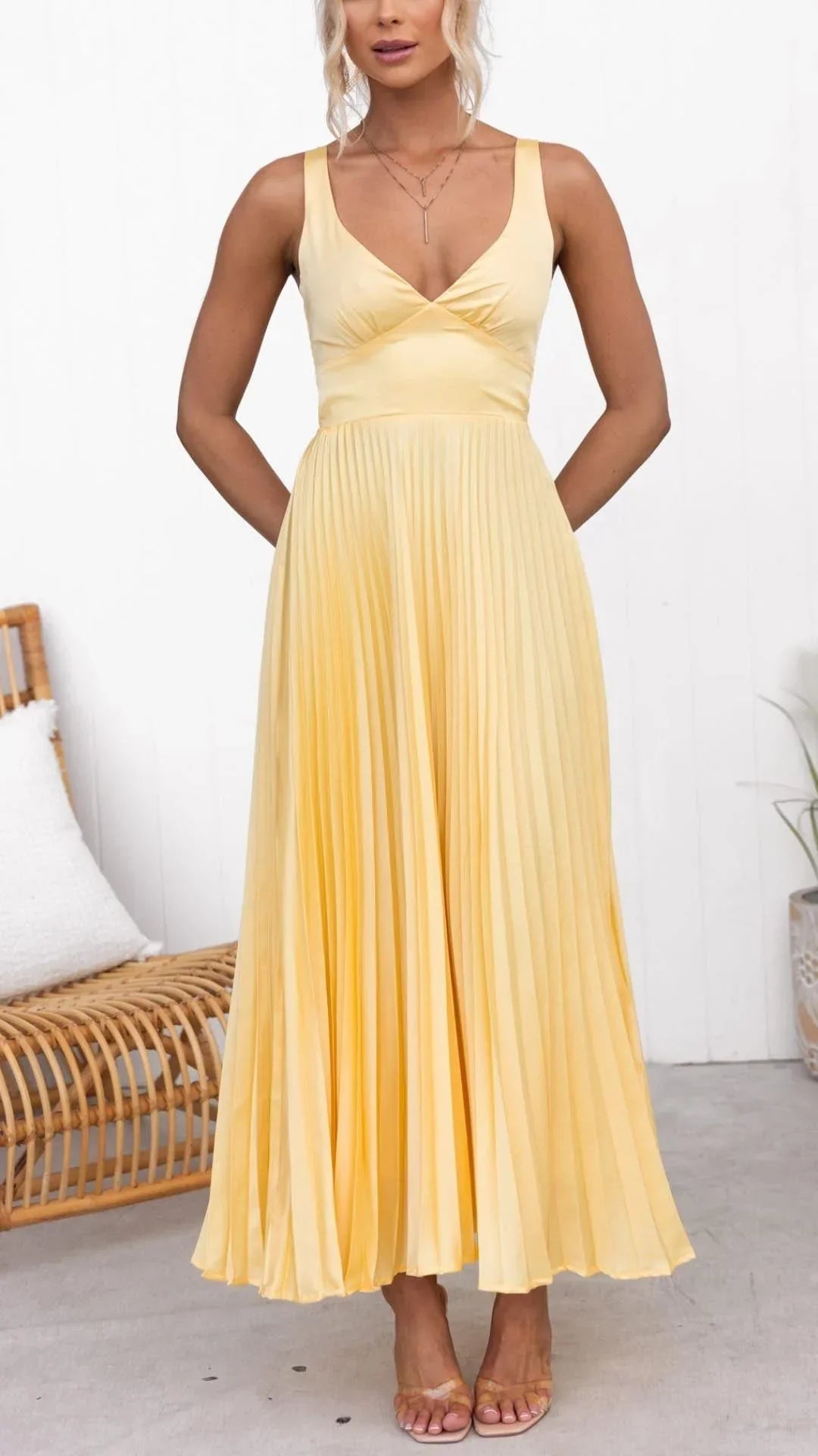 Briar | Maxi Dress | Yellow Pleated V-Neck, Adjustable Straps | Women