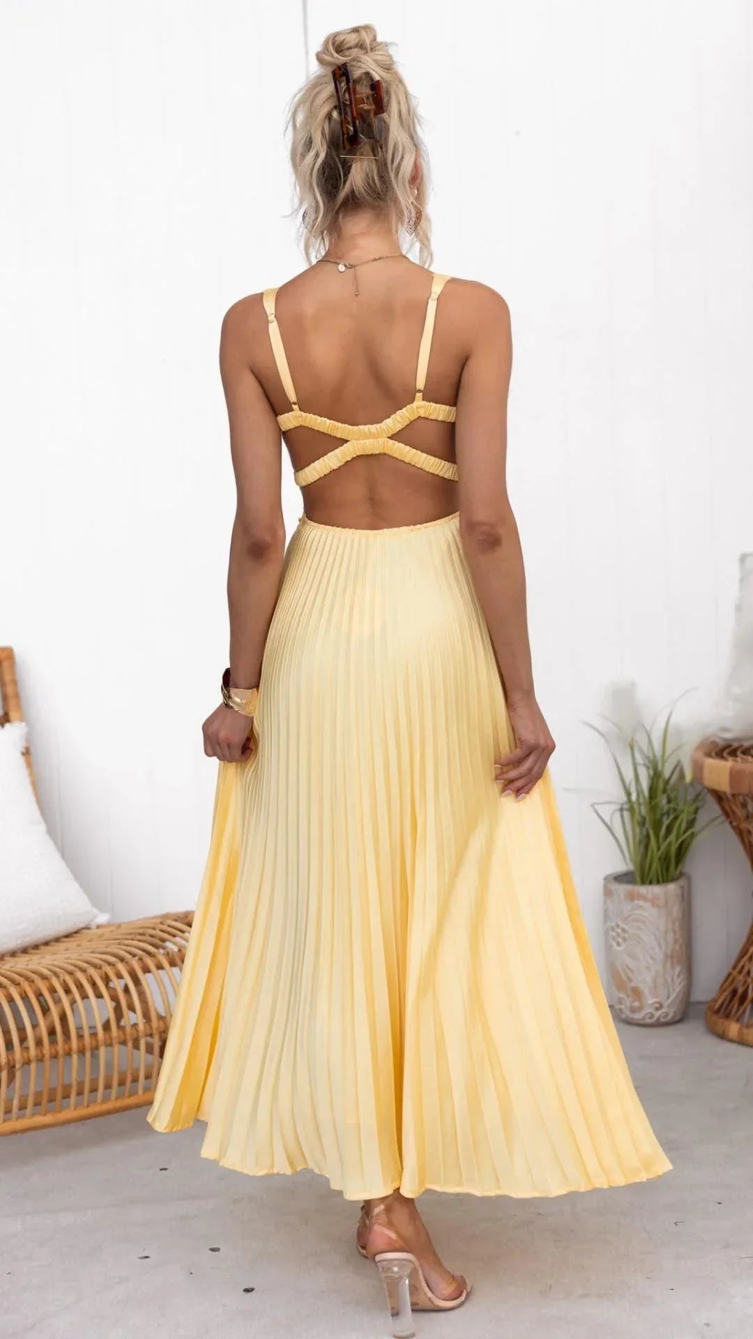 Briar | Maxi Dress | Yellow Pleated V-Neck, Adjustable Straps | Women