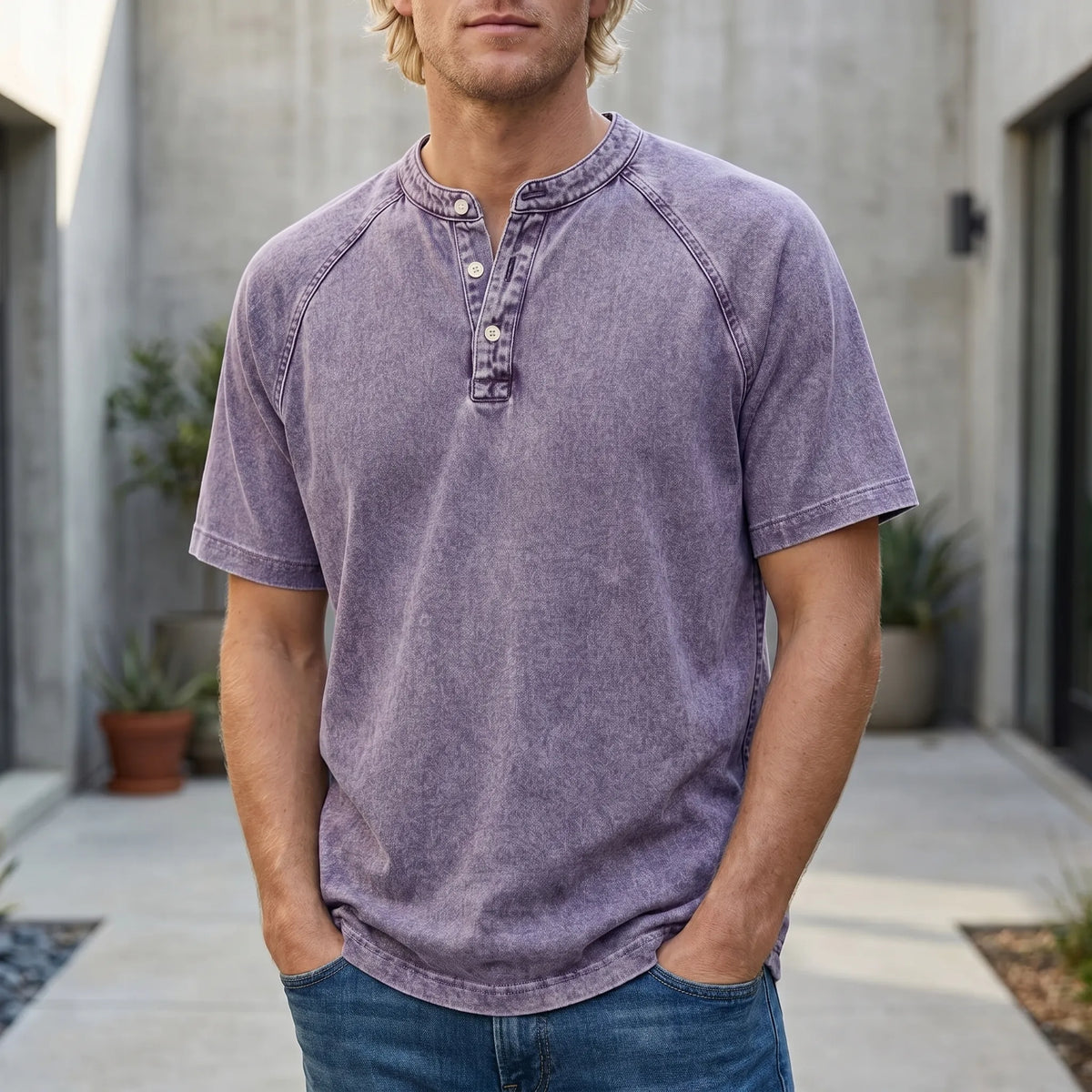 Men Henley Shirt Raglan Short Sleeve Button Neck