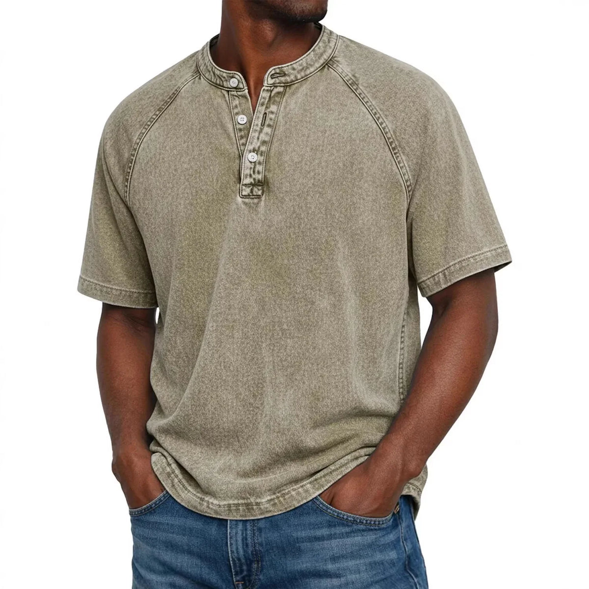 Men Henley Shirt Raglan Short Sleeve Button Neck