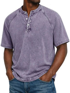 Men Henley Shirt Raglan Short Sleeve Button Neck