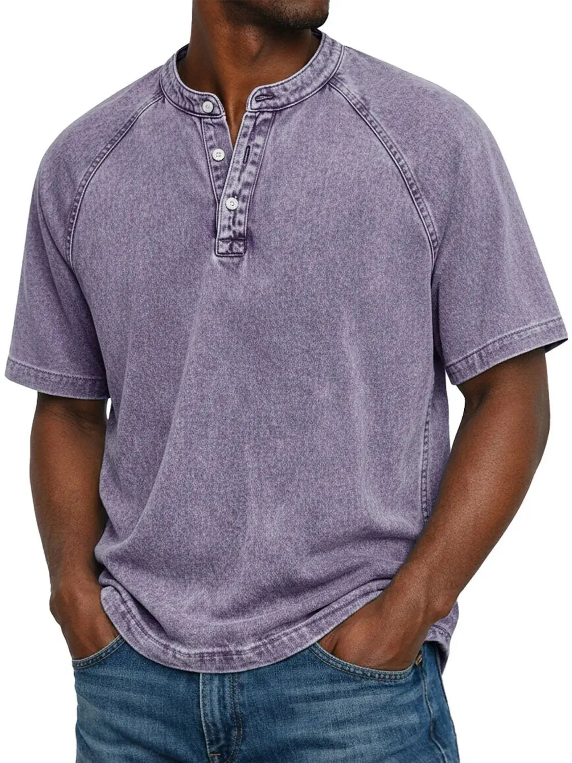 Men Henley Shirt Raglan Short Sleeve Button Neck