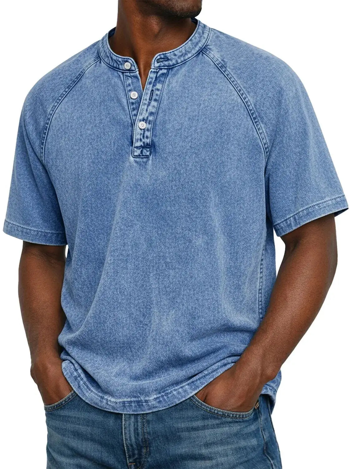 Men Henley Shirt Raglan Short Sleeve Button Neck